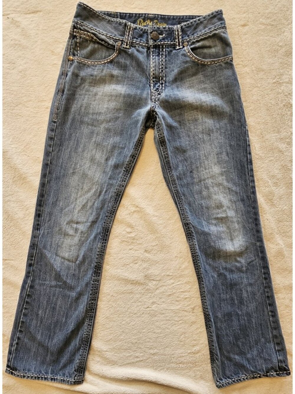 Wrangler Rock 47 Denim Relaxed Mens 32x32 Boot Cut Jeans Western Heavy Stitch